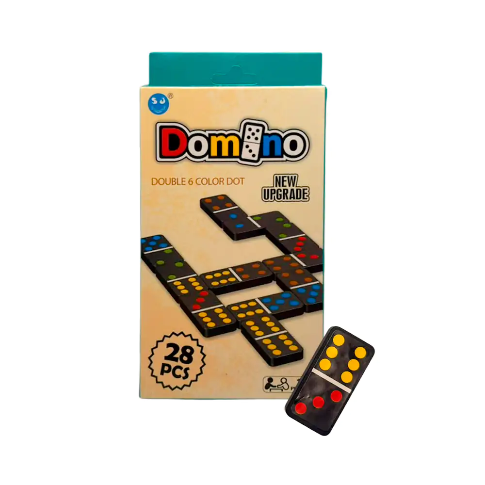 Domino de plastico con 28 piezas en color negro con puntos de colores…