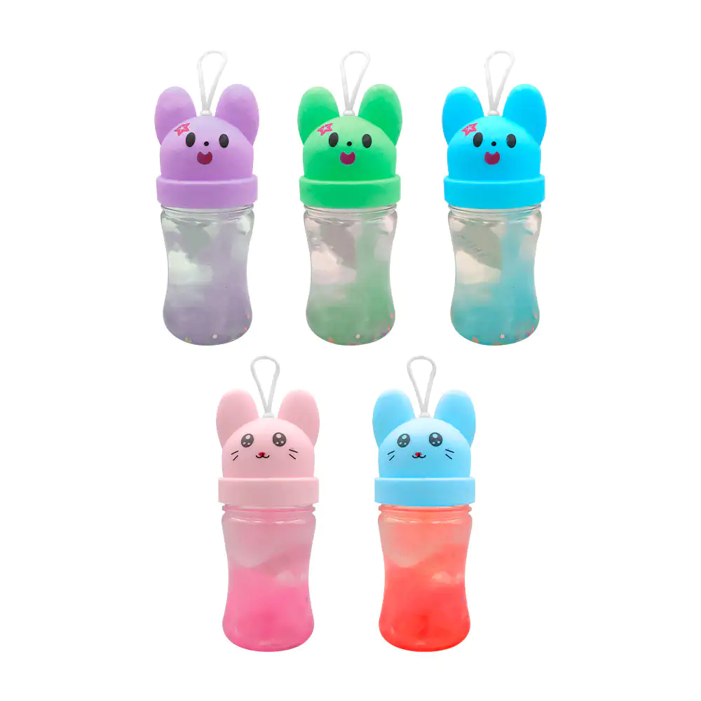 Bote pequeño de slime en forma de ratón o conejito con figuritas torn…
