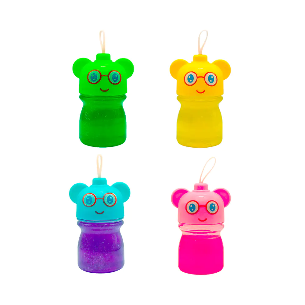 Bote pequeño de slime en forma de oso con lentes, orejas y diamantina…