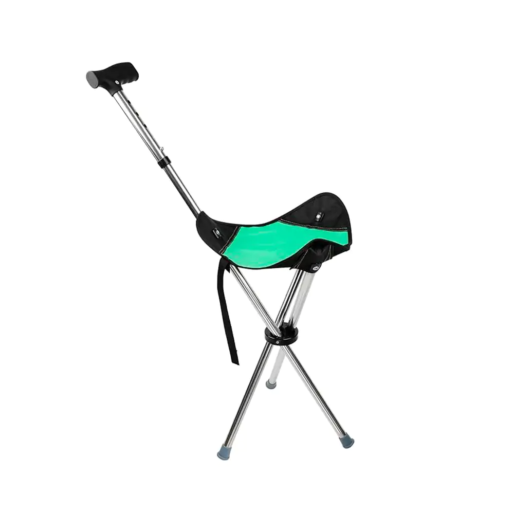 Bastón metálico ortopédico plegable con mango ergonómico + banco plegable 
