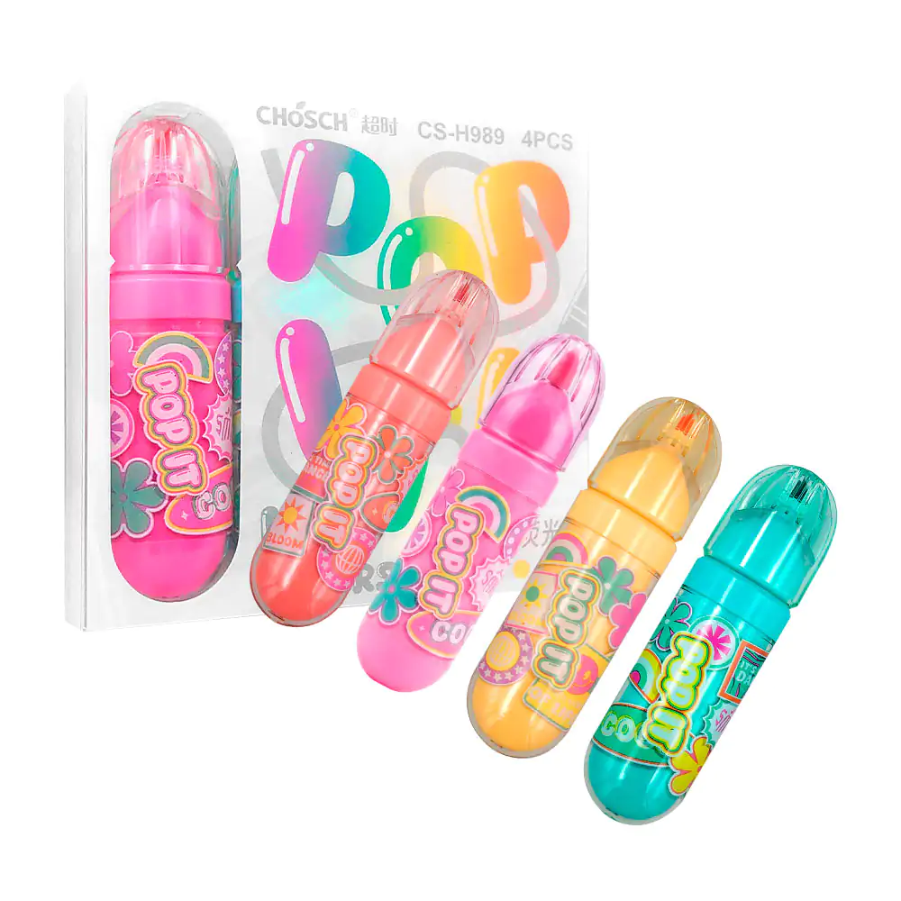 Estuche con 4 marcatextos fluorescentes pop it en tonos pastel, varie…