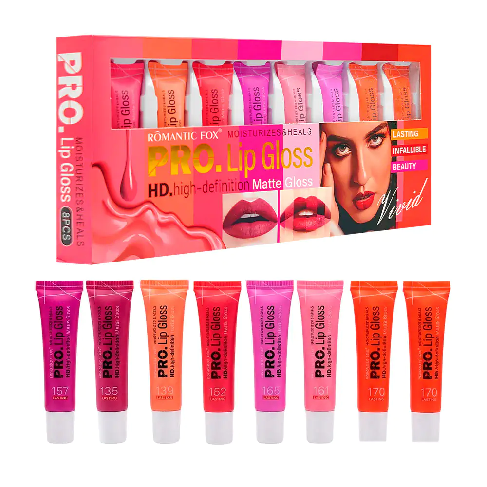 Set de 8 lip gloss con terminación mate, colores intensos y de larga …