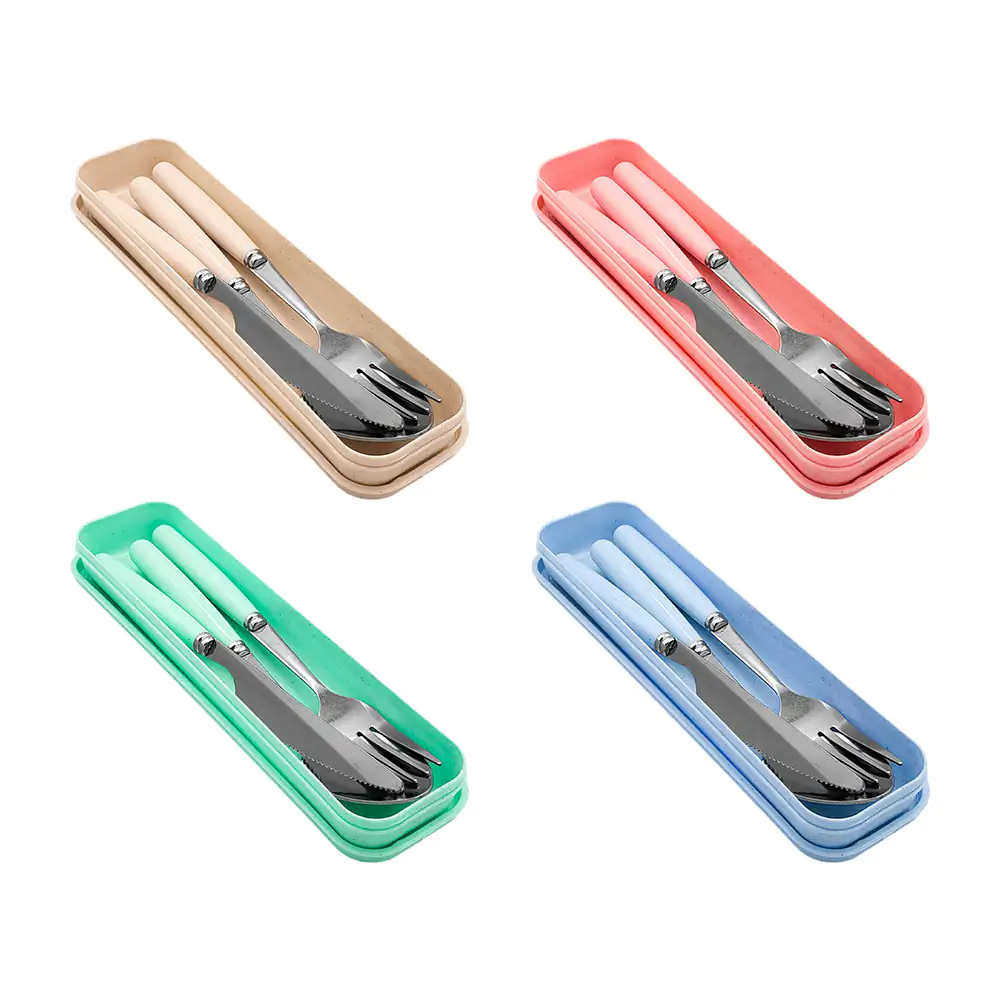 Estuche con 3 cubiertos largos, mango de plástico liso, variedad de c…