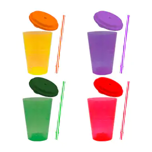 1pza Vaso translúcido de 12x9cm con relieves + popote, varios colores