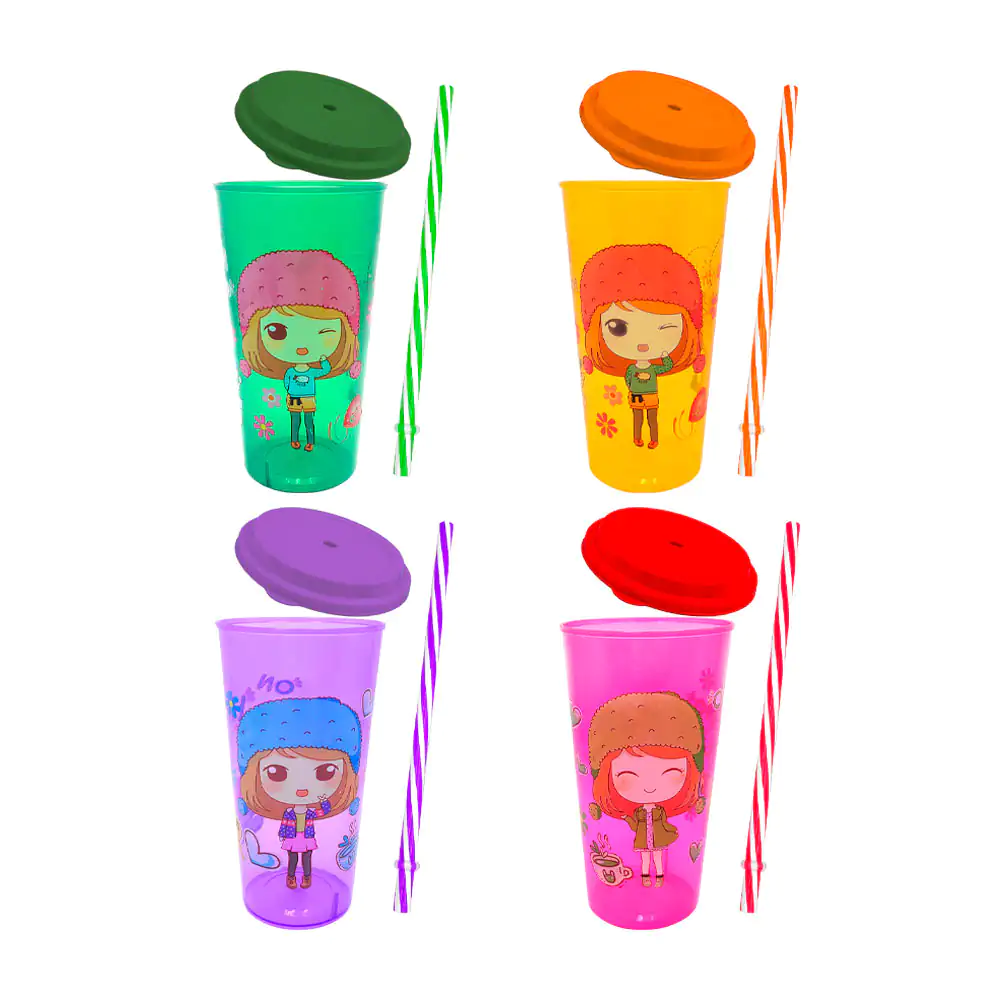 1pza Vaso translúcido de 16x9cm con estampado kawaii + popote, varios…