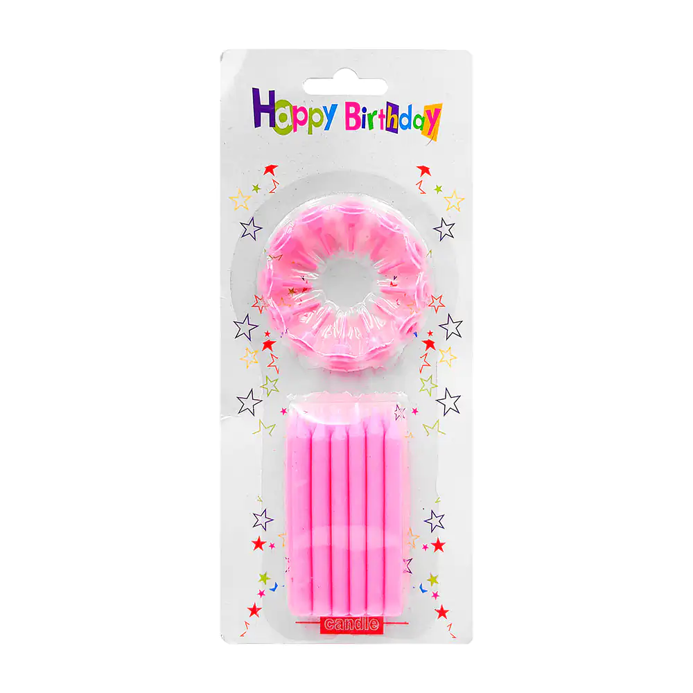 Blíster con 12 velas con base para pastel en color rosa