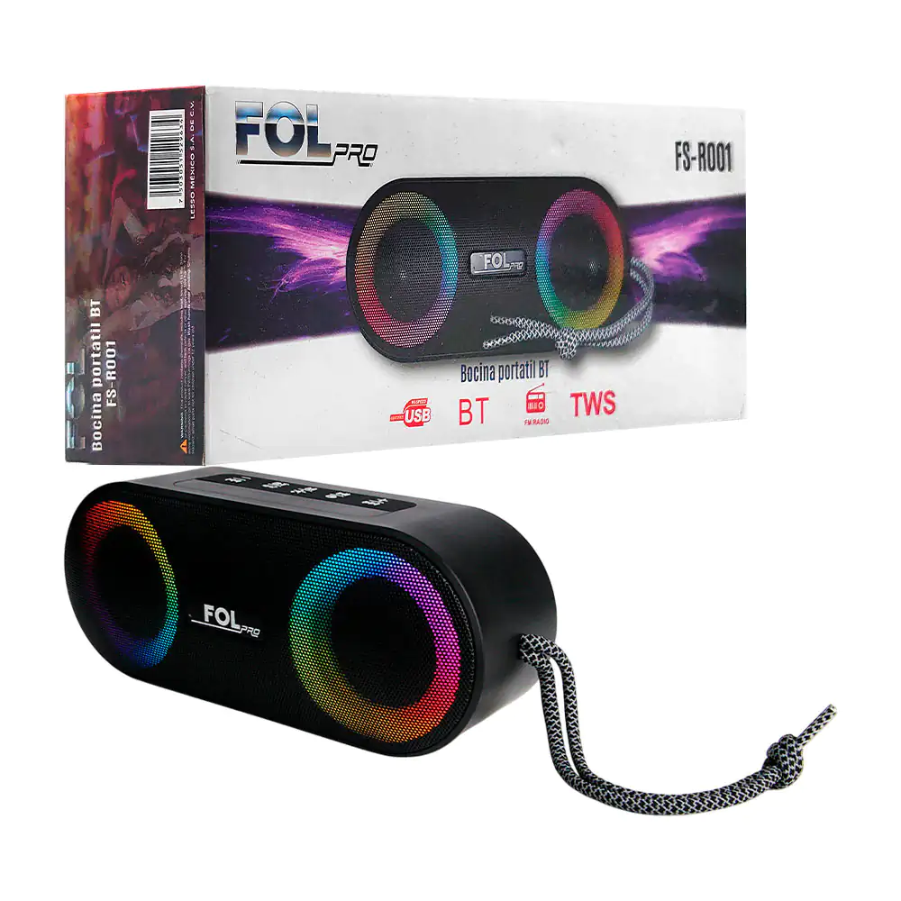 Bocina inalámbrica rectangular fol pro con luz rgb y radio fm + corre…