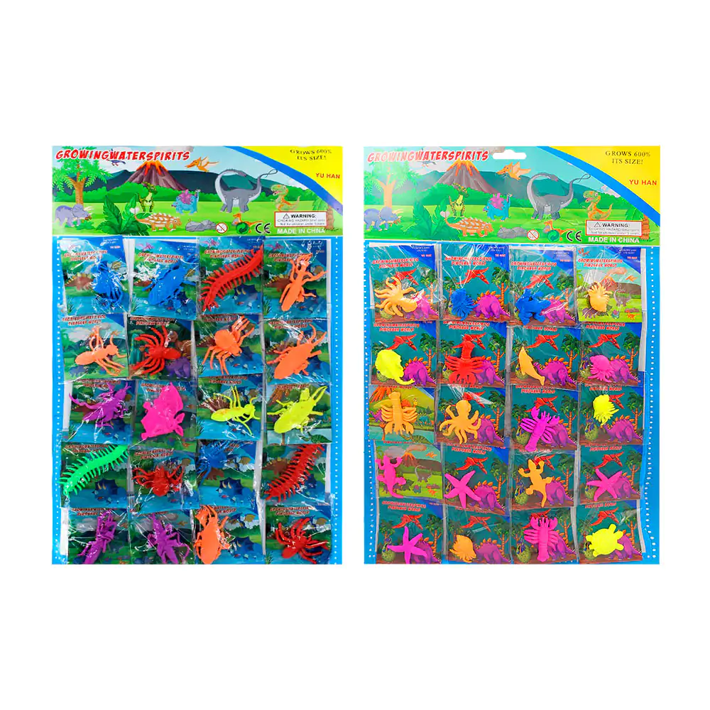 Planilla de 20 figuras expandibles crecientes con forma de animales prehistoricos, dinosaurios, variedad de colores / growing water spirits dinosaur world