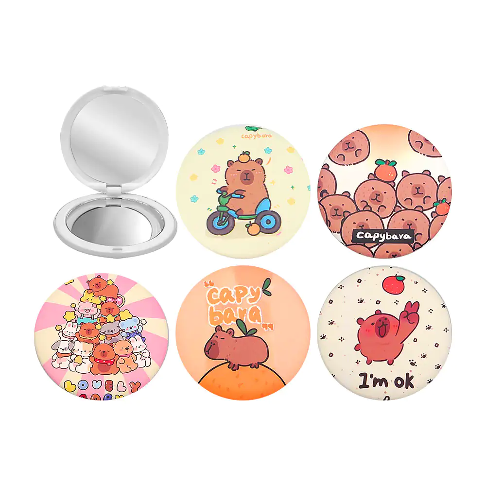 1pz espejo de bolsillo redondo doble con estampado de capibara kawaii, variedad de diseños