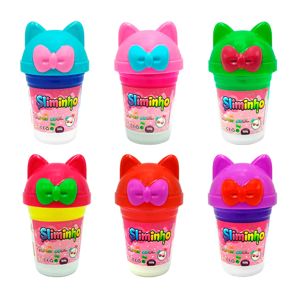 Bote con slime bicolor sliminho, tapa con orejas tipo gato y moño + m…