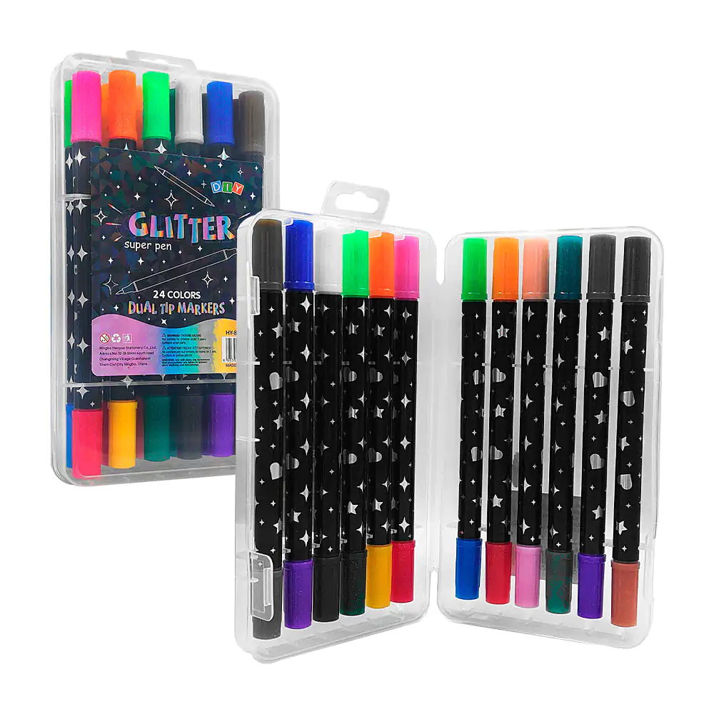 Estuche con 12 plumones - marcadores de doble punta con glitter en 24…