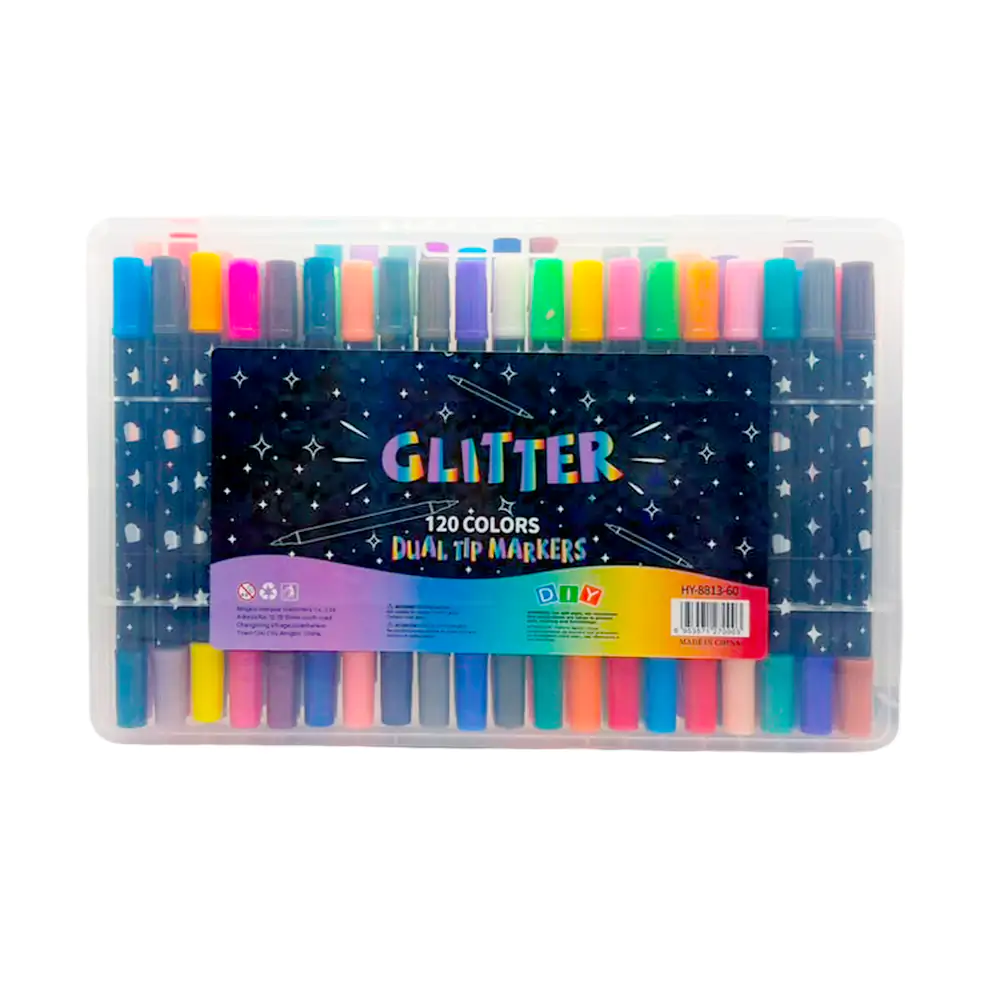 Estuche con 120 marcadores - plumones de doble punta con glitter, var…