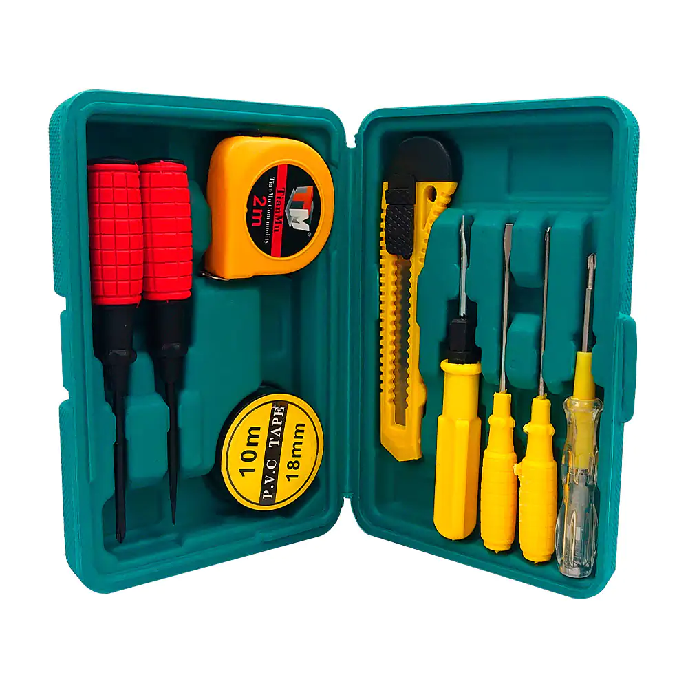Estuche con 9 herramientas, desarmadores, cinta, cutter, flexómetro d…