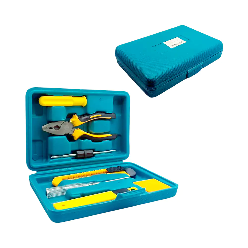 Estuche con 5 herramientas, desarmador de doble punta, cutter + navajas y flexómetro