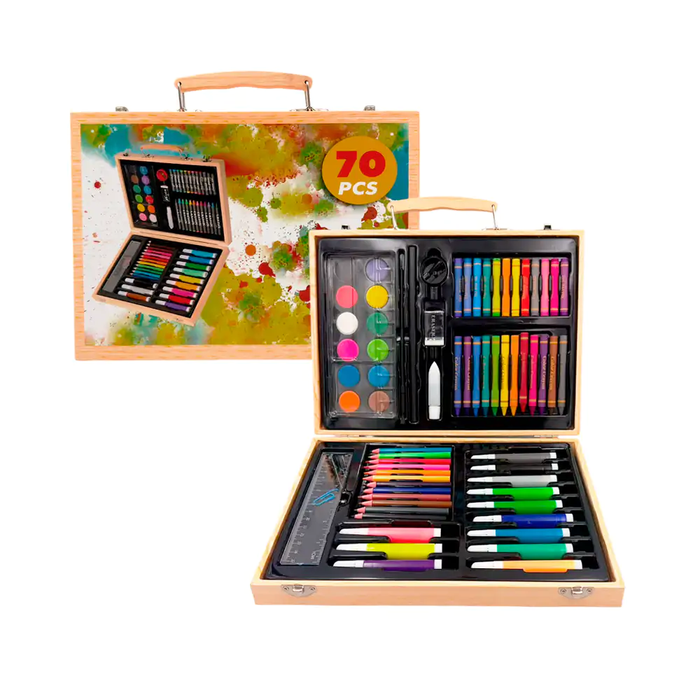 Estuche tipo maletín de madera con set de arte con 70 piezas, varieda…