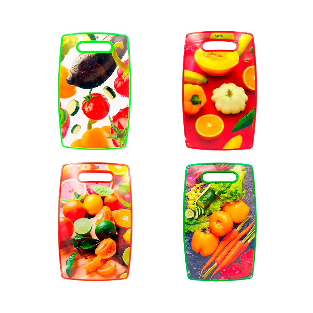 Tabla para picar de plastico con estampado de frutas y contorno de co…