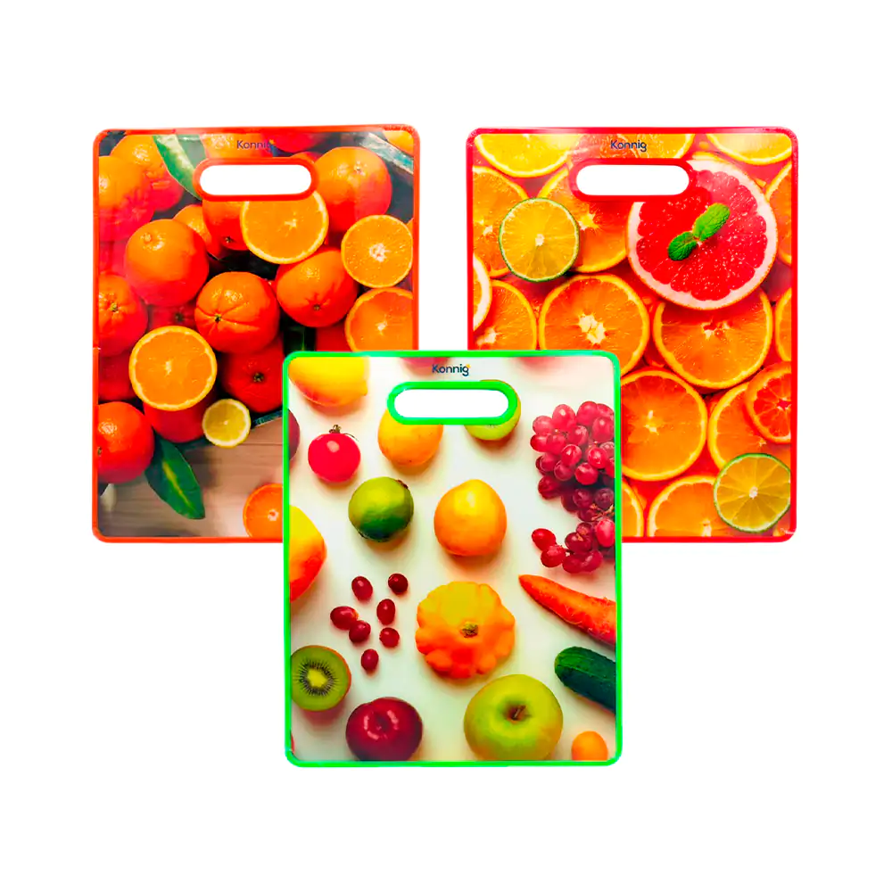 Tabla para picar de plástico con estampado de frutas y contorno de co…