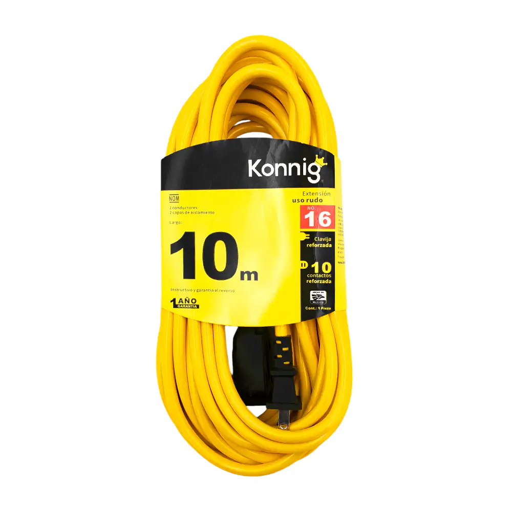 Extensión amarilla konnig de 10m para uso rudo con 3 tomacorrientes