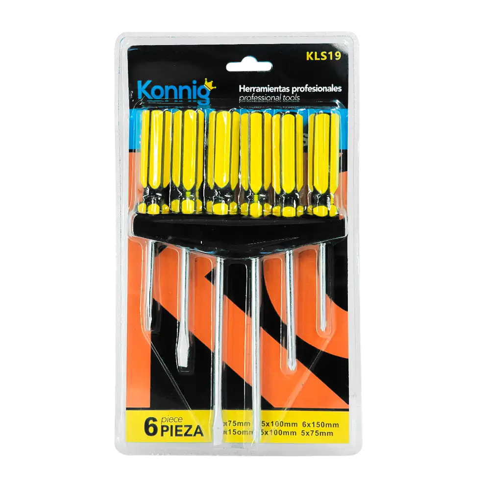 Blíster de 6 desarmadores con distintos largos y puntas, mango ergonó…