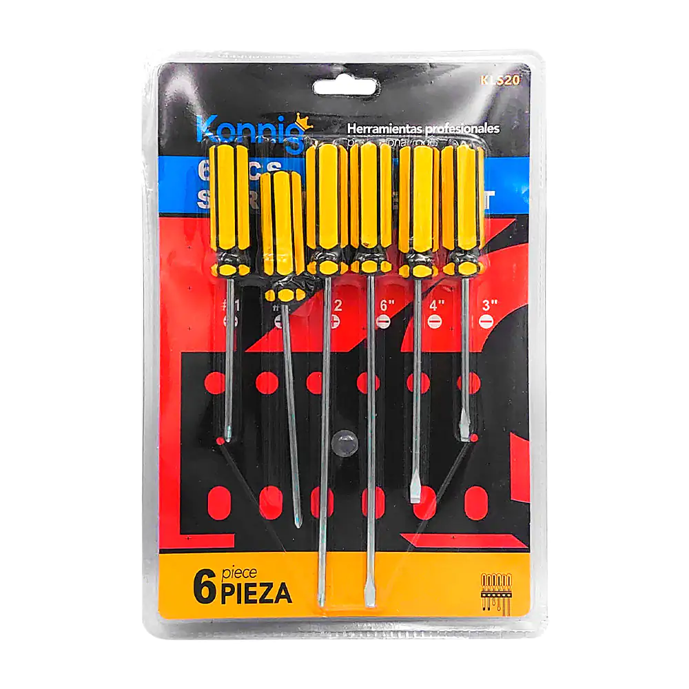 Set de 6 desarmadores de punta plana y cruz en diferentes medidas y largos, mango ergonómico