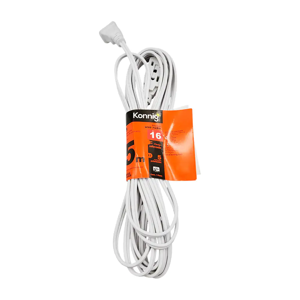 Extensión blanca de uso rudo, 5mts con 3 conectores bifásicos y conec…