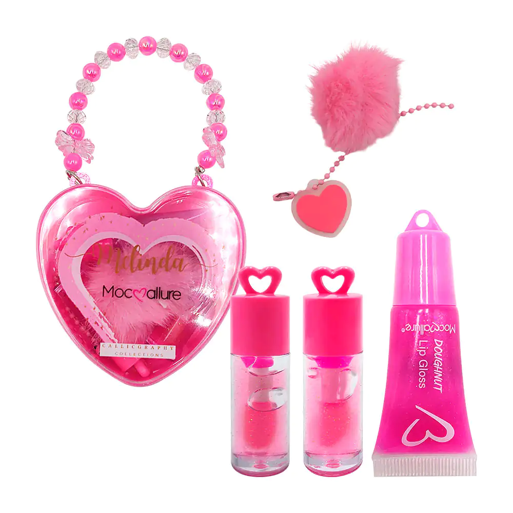 Estuche en forma de corazón con kit de belleza de 3 hidratantes para labios + pompón 