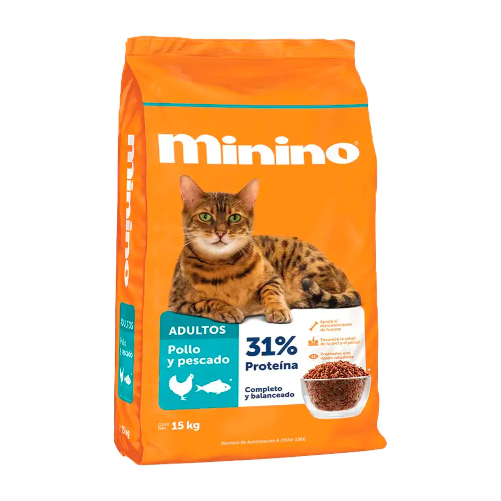 Costal de croquetas minino para gatos adultos, sabor pollo y pescado, 16.5k / minino15