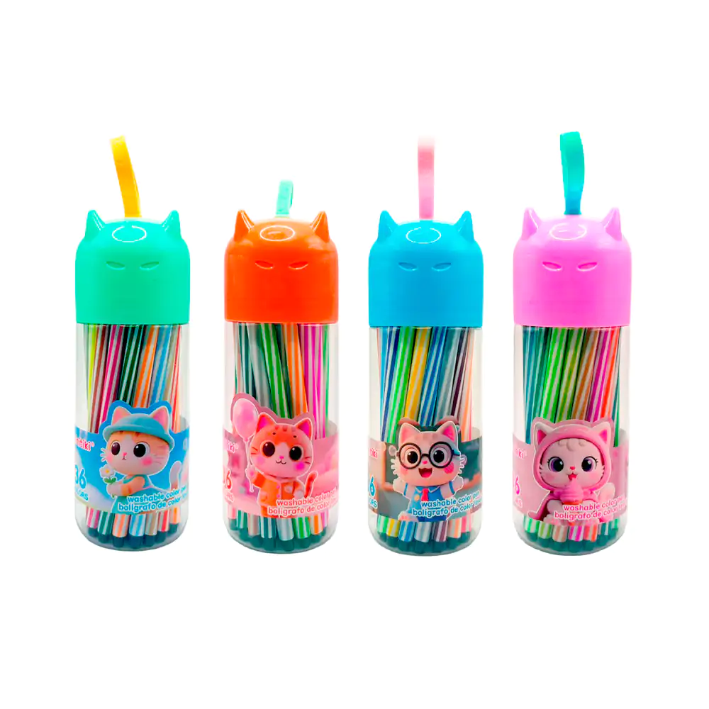 Bote minitiki con tapa en forma de gato y 36 marcadores - plumones lavables, variedad 