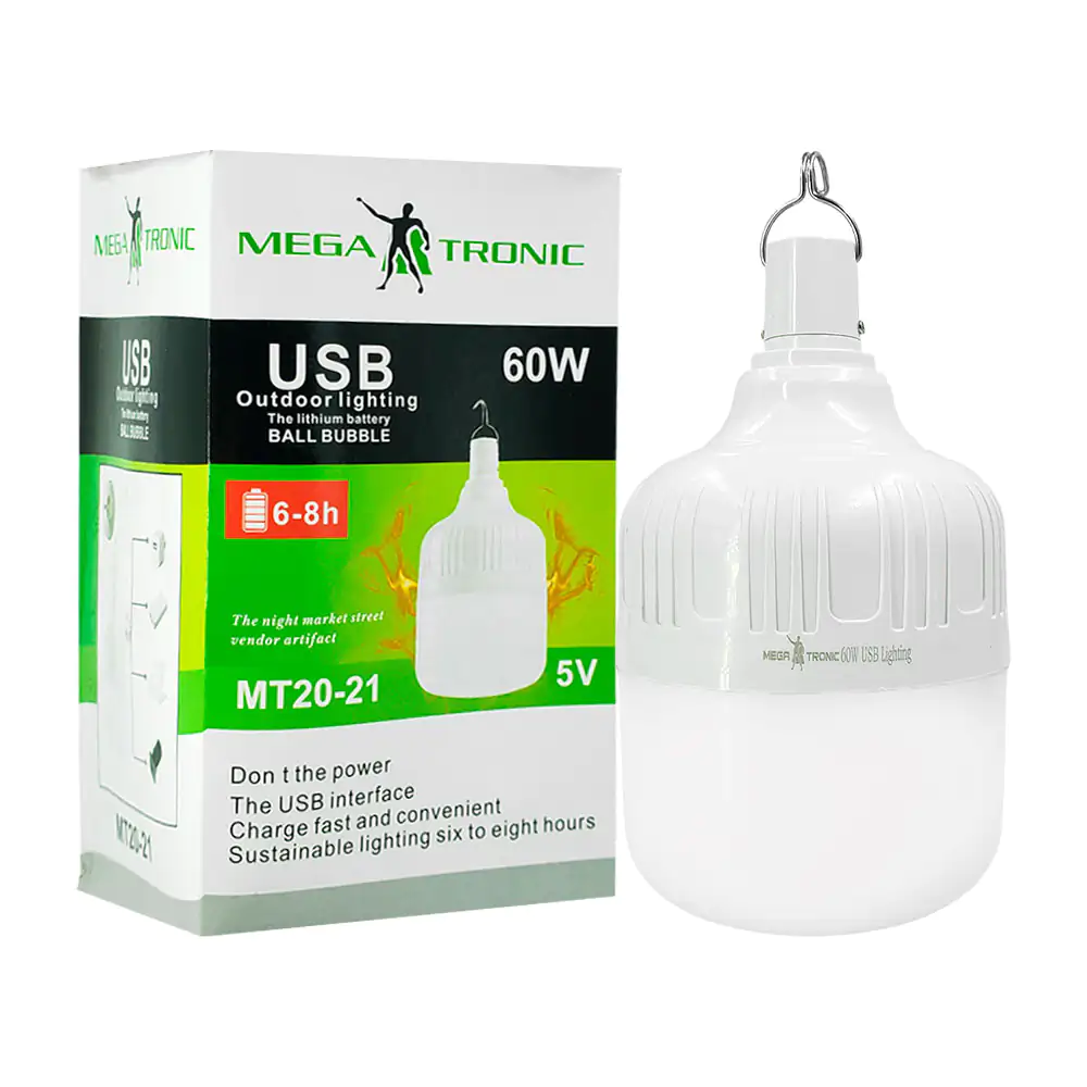 Foco bombilla led recargable megatronic de 60w con gancho, 3600ma