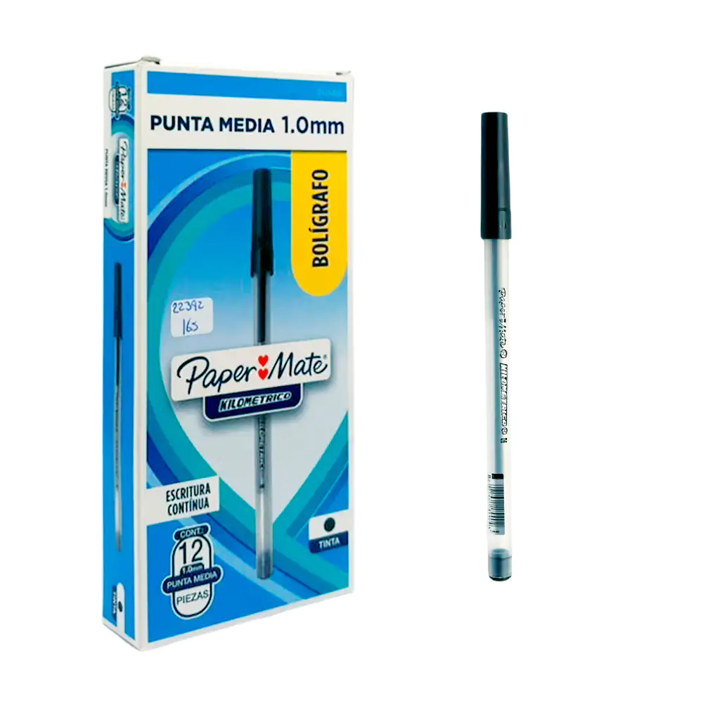 Caja con 12 plumas - bolígrafos paper mate kilométrico con punta media 1.0mm en tinta negra / 22392
