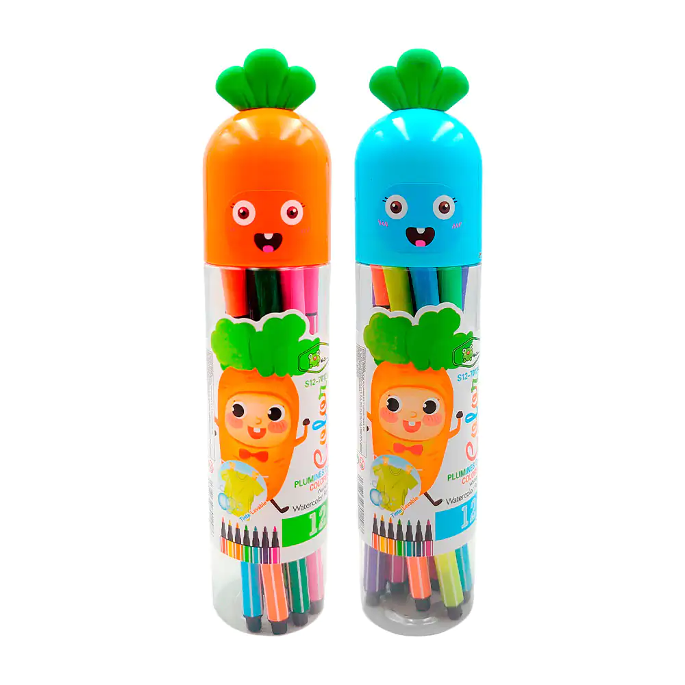 Estuche cilíndrico con 12 plumones delgados de punta fina + tapa de zanahoria kawaii, variedad