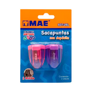 Blíster con 2 sacapuntas de plástico con depósito en colores surtidos…