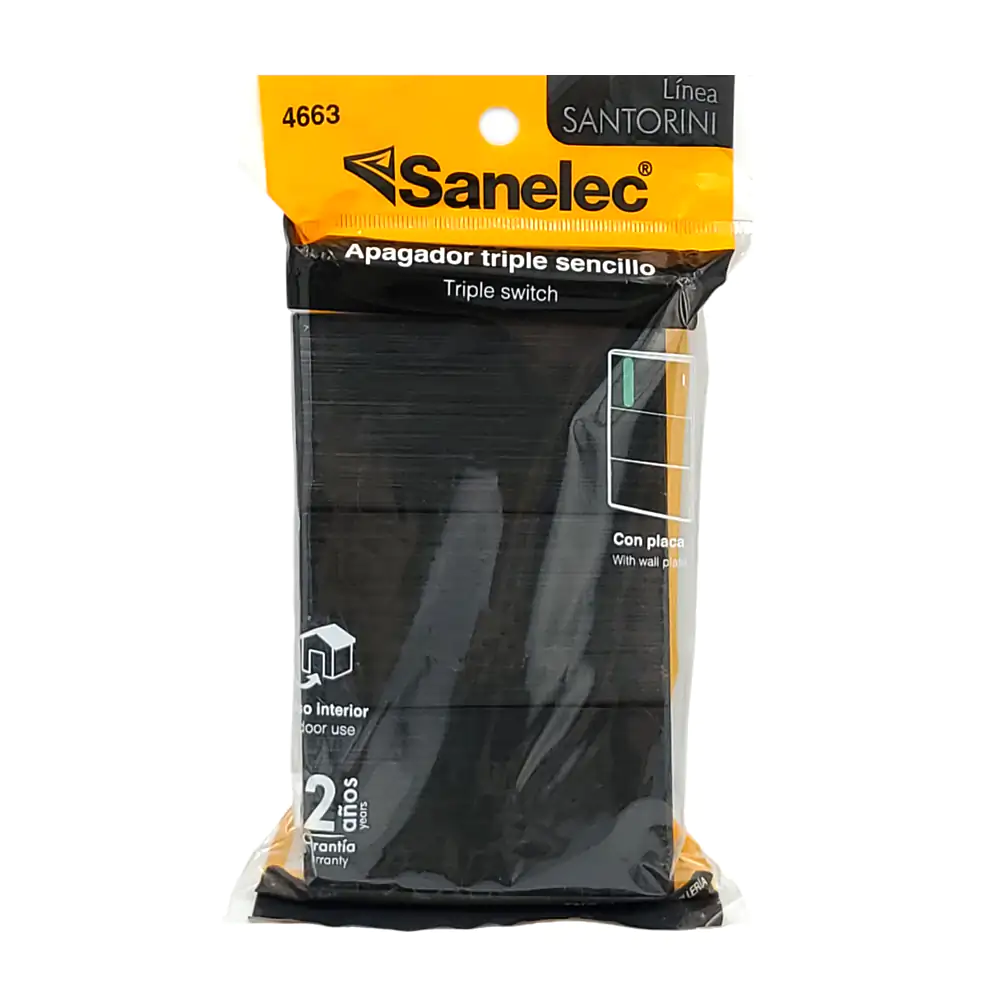 Placa santorini con triple apagador sencillo color negro, sanelec