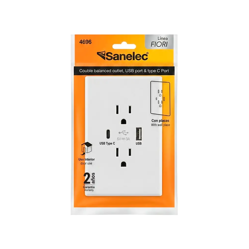 Placa fiori con 2 contactos color blanco + puerto usb y tipo c, sanel…