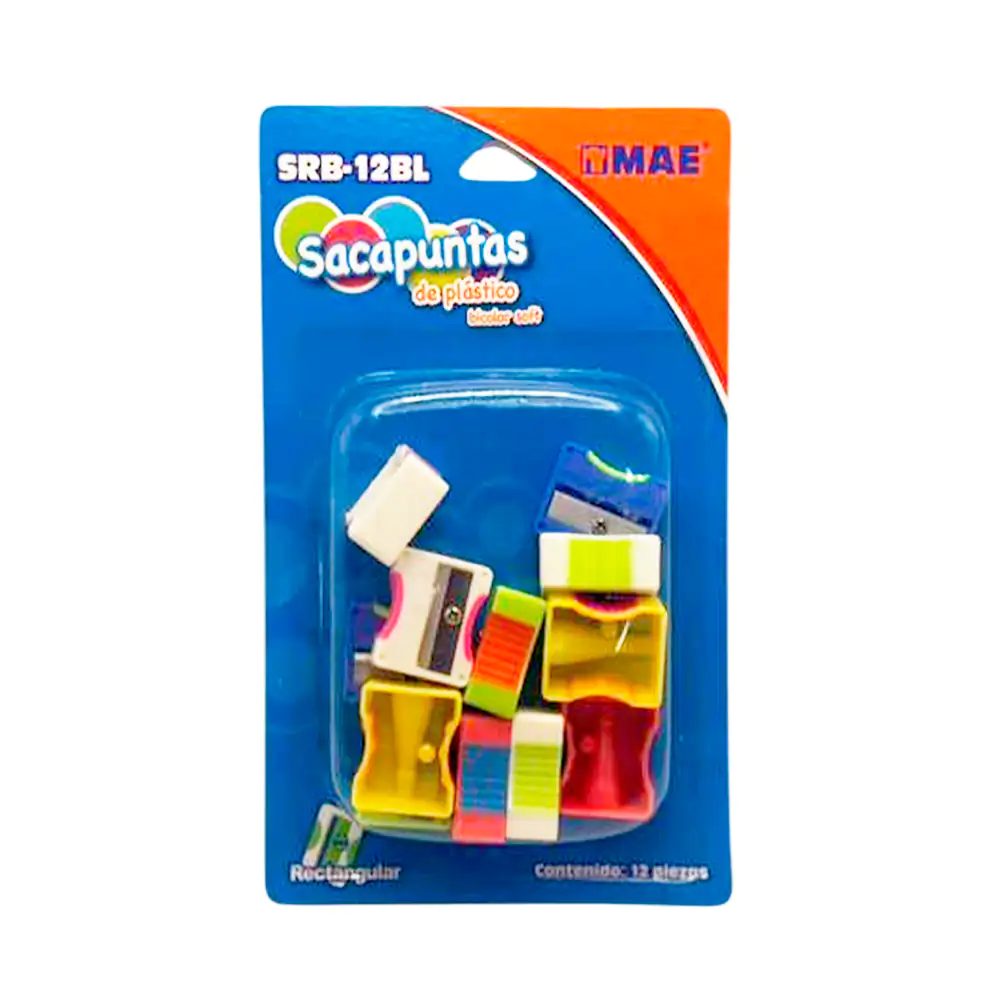 Blíster con 12 sacapuntas de plástico rectangulares bicolor con textu…