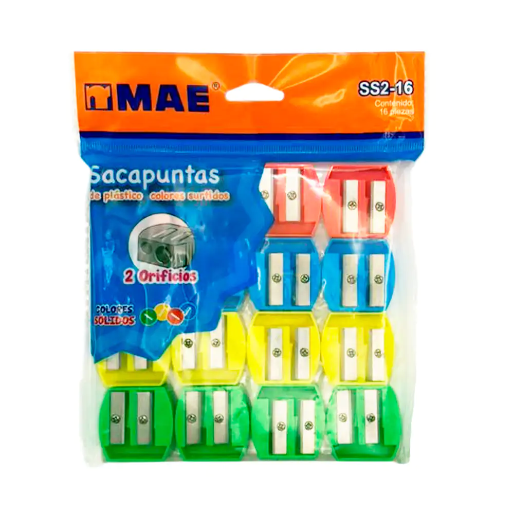 Paquete con 16 sacapuntas de plástico en colores sólidos con 2 orific…