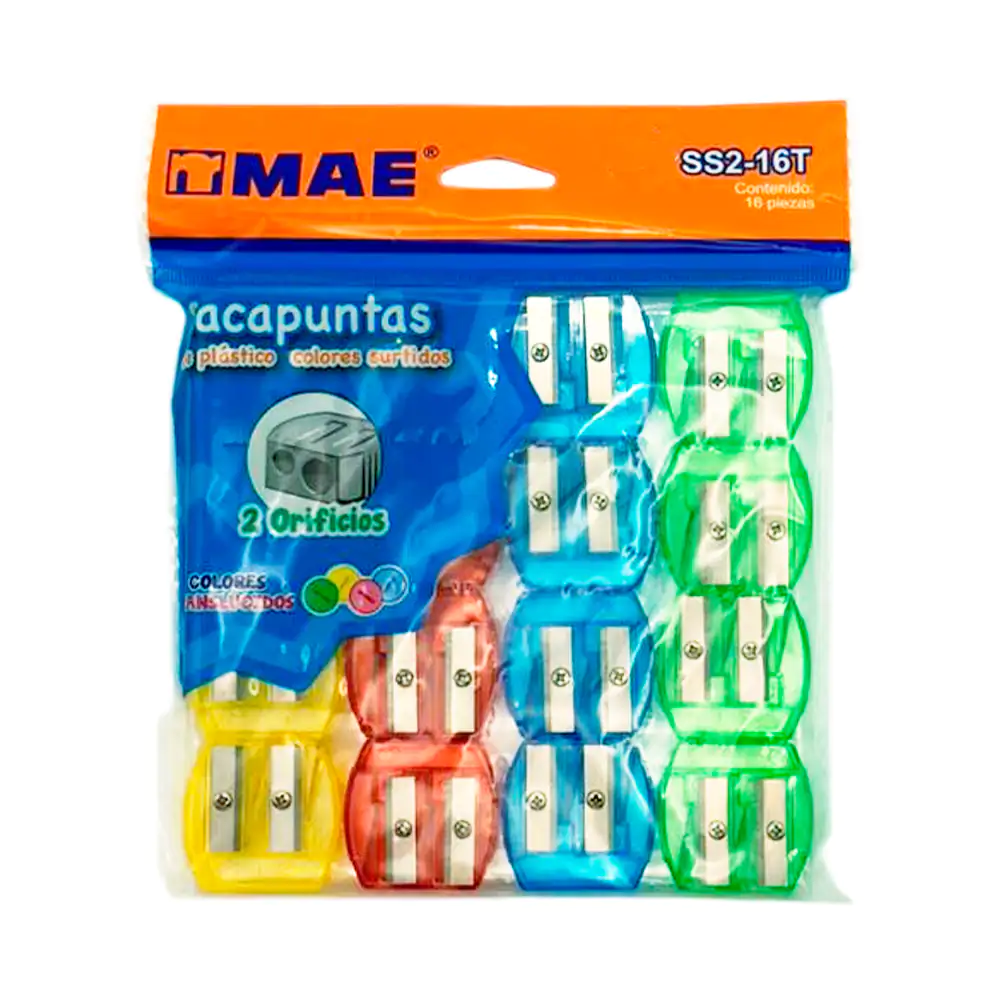 Paquete con 16 sacapuntas de plástico en colores translúcidos con 2 o…