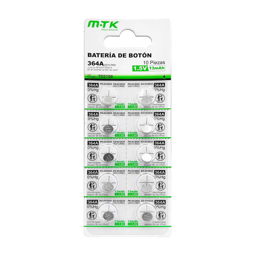 Blíster mtk con 10 pilas / baterías tipo botón de 13mah, 364a / ag1 /…