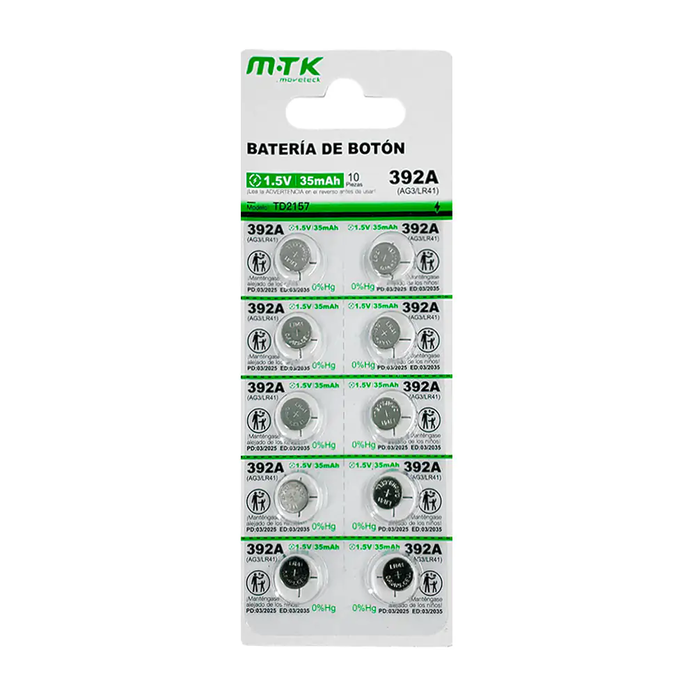 Blíster mtk con 10 pilas / baterías tipo botón de 35mah, 392a / ag3 /…