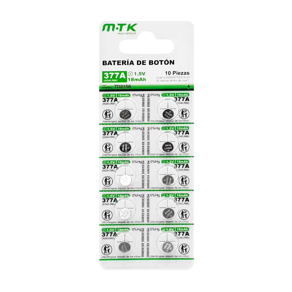 Blíster mtk con 10 pilas / baterías tipo botón de 18mah, 377a / ag4 /…