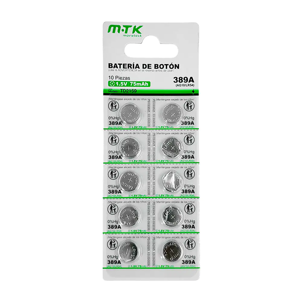 Blíster mtk con 10 pilas / baterías tipo botón de 75mah, 389a / ag10 …