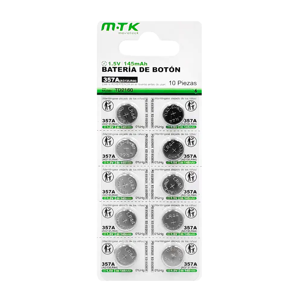 Blíster mtk con 10 pilas / baterías tipo botón de 145mah, 357a / lr44…