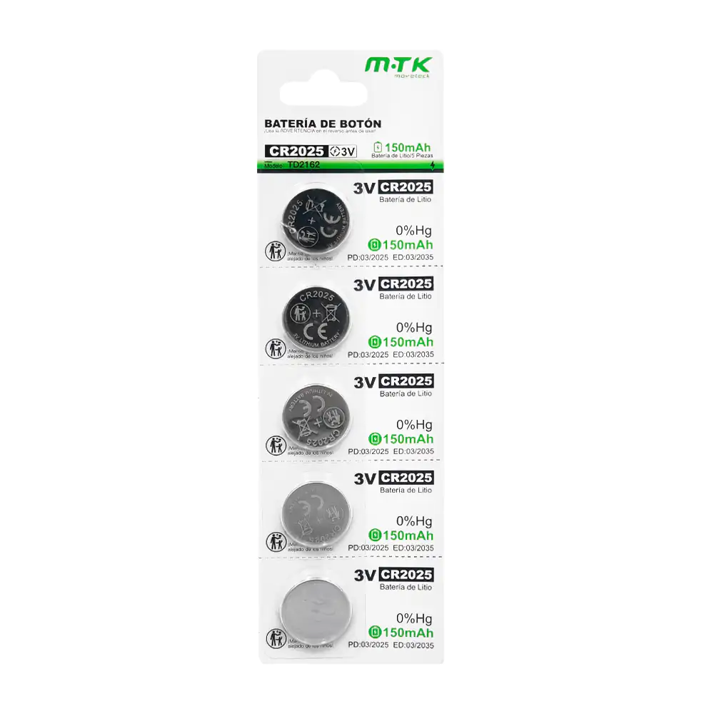 Blíster mtk con 5 pilas / baterías tipo botón de 150mah, cr2025 / 3v