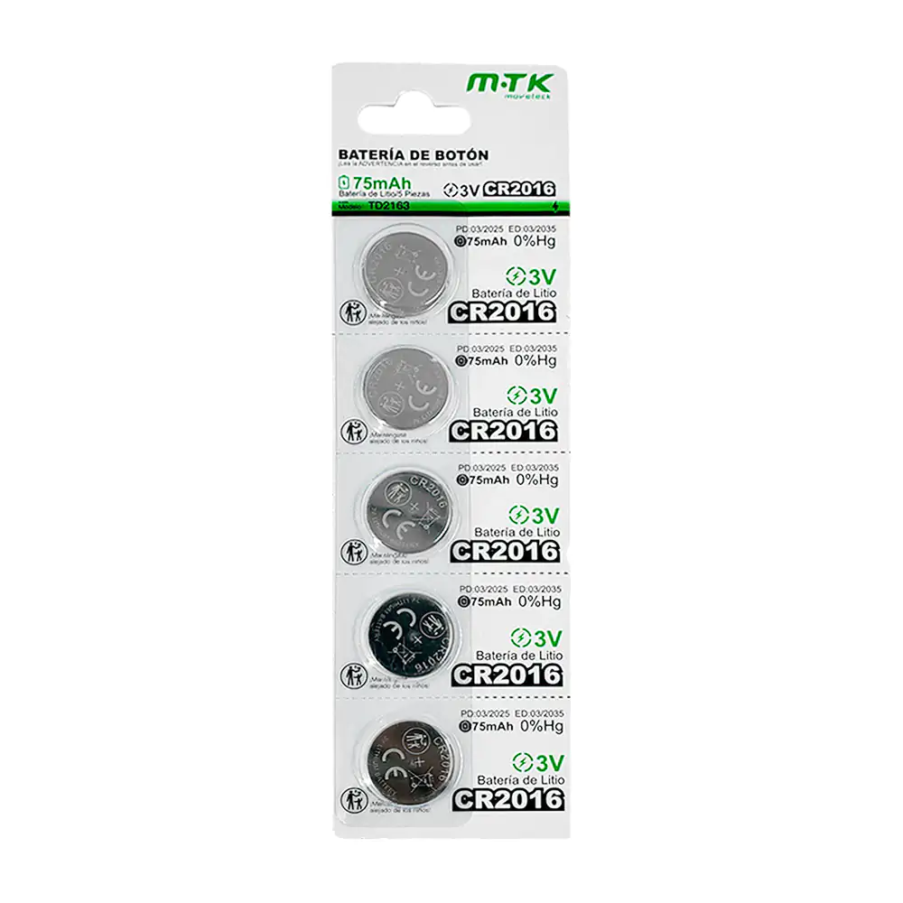 Blíster mtk con 5 pilas / baterías tipo botón de 75mah, cr2016 / 3v