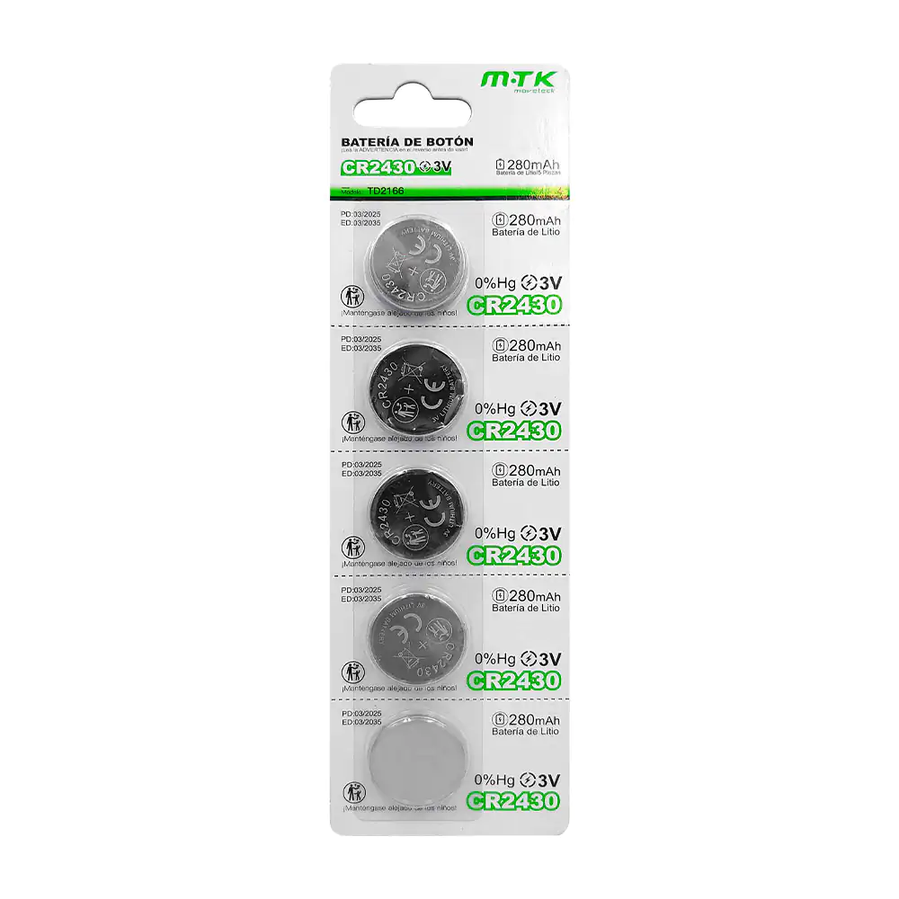 Blíster mtk con 5 pilas / baterías tipo botón de 280mah, cr2430 / 3v