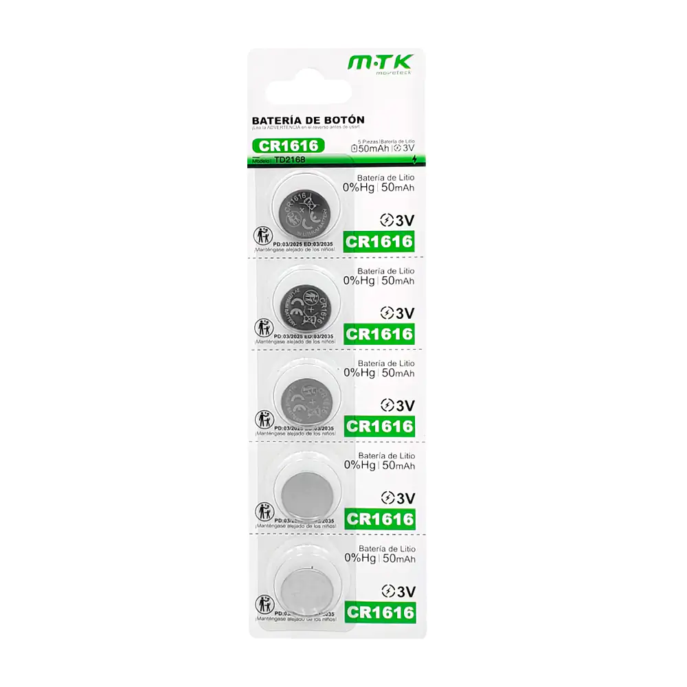 Blíster mtk con 5 pilas / baterías tipo botón de 50mah, cr1616 / 3v