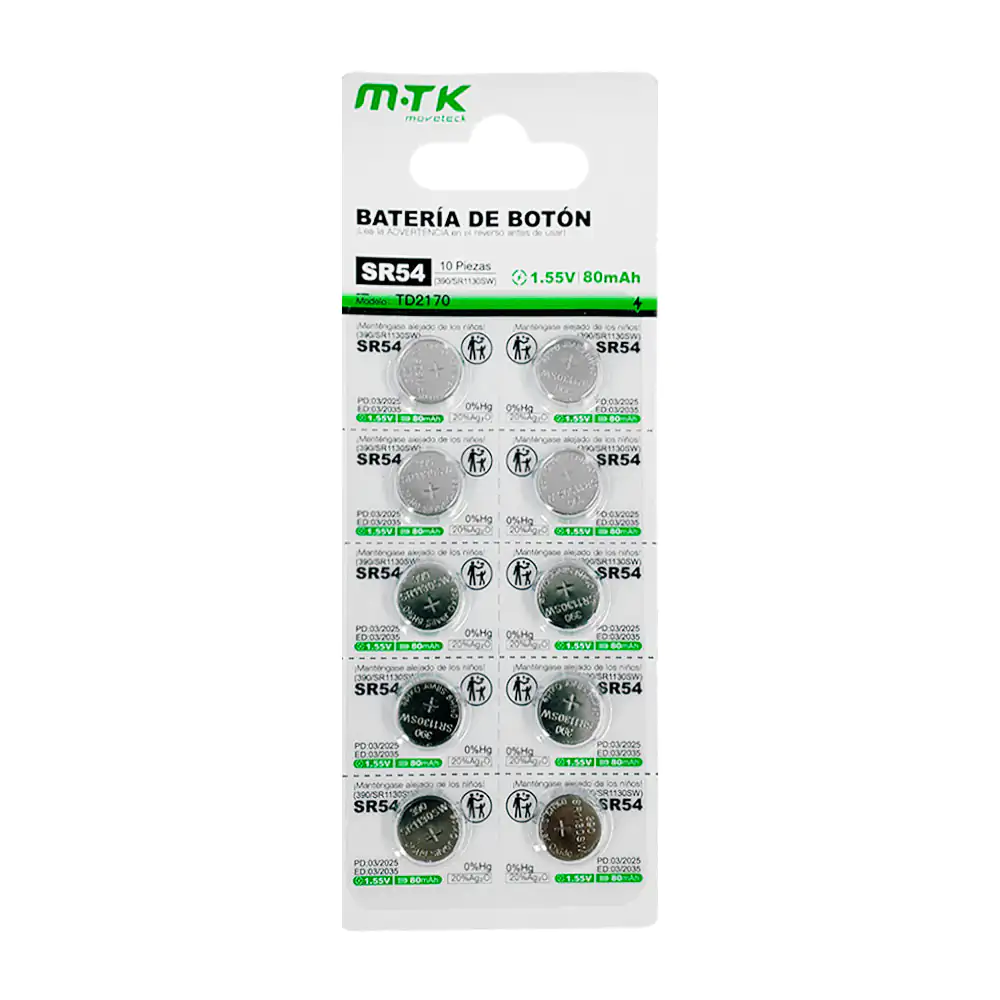 Blíster mtk con 10 pilas / baterías tipo botón de 80mah, sr54 / 1.55v