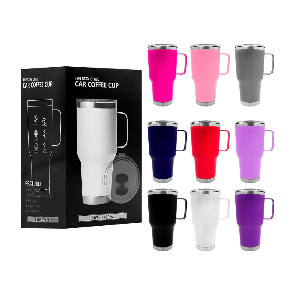 Vaso tipo termo con capacidad de 30oz con popote metálico + asa, variedad