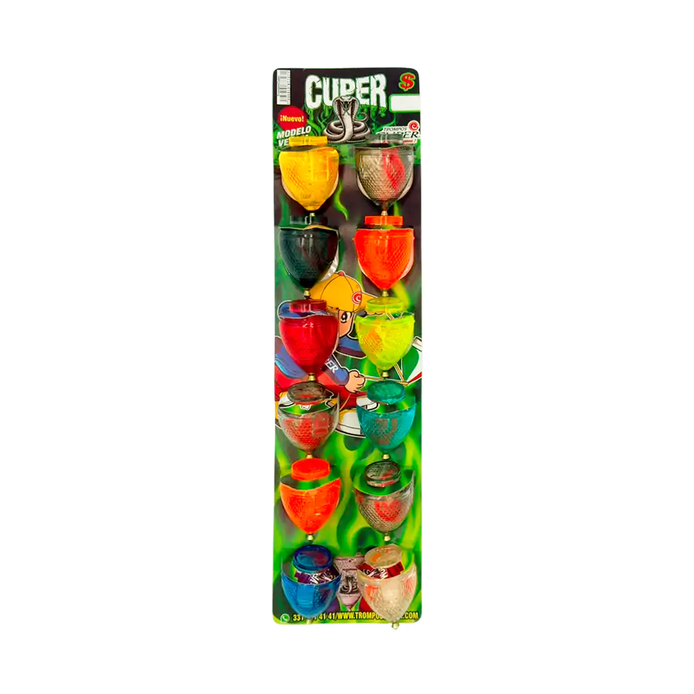 Planilla con 12 trompos cuper modelo venom, transparentes, variedad d…