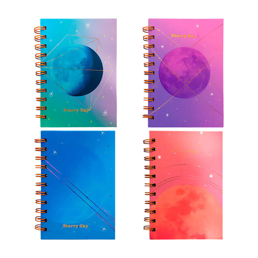 Mini cuaderno de pasta dura, estampado de planeta, doble espiral, var…